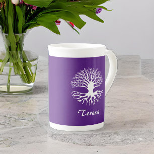 Tree of Life White Silhouette on Purple Monogram Bone China Mug