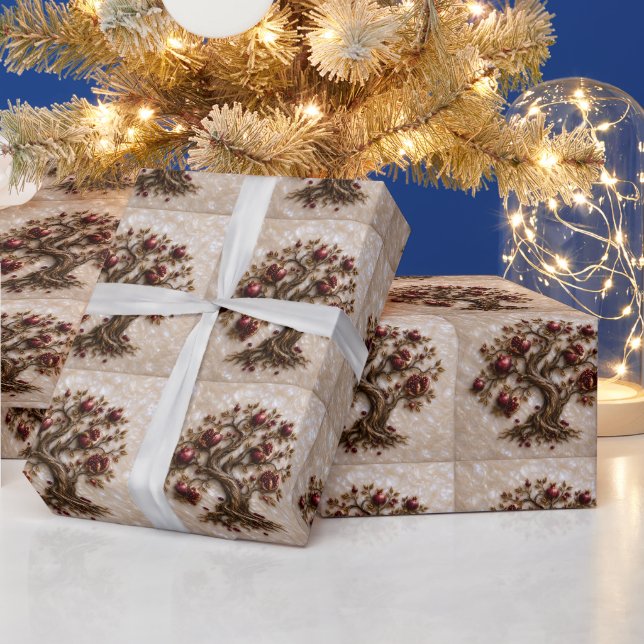 Tree of Life with Pomegranates | 3D Relief Art Wrapping Paper (Holidays)