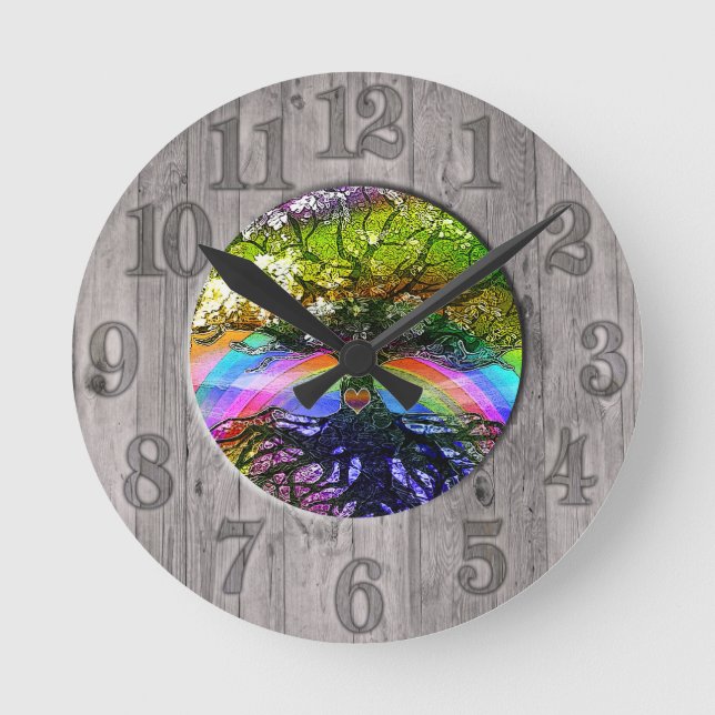 Tree of Life with Rainbow and Wood Frame Round Clock (Front)