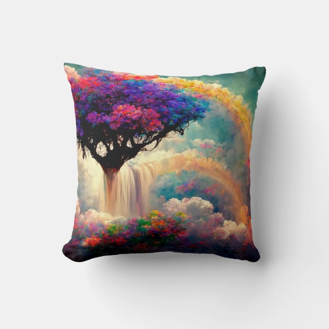 Tree of Life with Rainbows, Flowers, Bridge Cushion (Front)