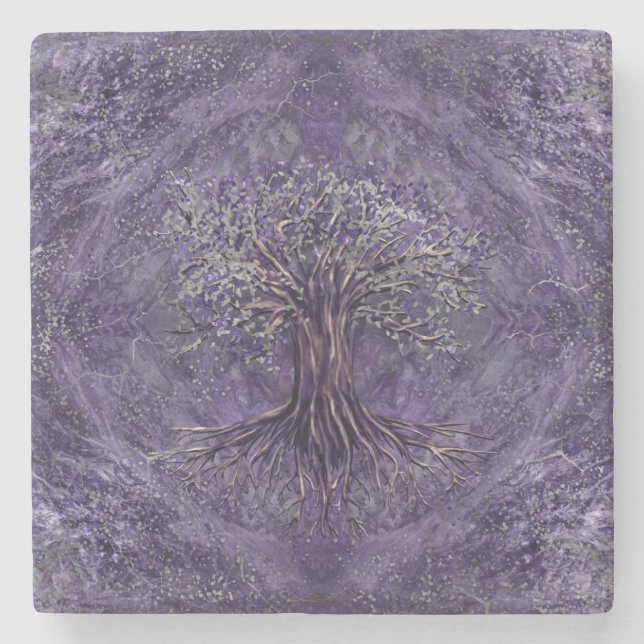 Tree of life -Yggdrasil Amethyst and silver Stone Coaster (Front)