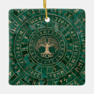 Tree of life -Yggdrasil and Futhark - Malachite Ceramic Ornament