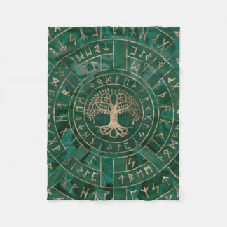 Tree of life -Yggdrasil and Futhark - Malachite Fleece Blanket