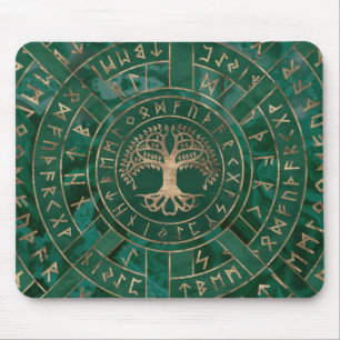 Tree of life -Yggdrasil and Futhark - Malachite Mouse Pad