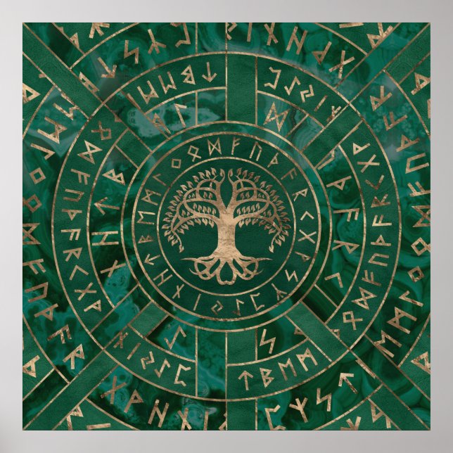 Tree of life -Yggdrasil and Futhark - Malachite Poster (Front)