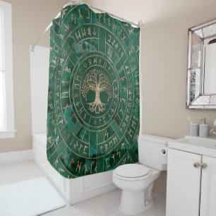 Tree of life -Yggdrasil and Futhark - Malachite Shower Curtain
