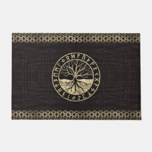 Tree of life  -Yggdrasil and  Runes on wood Doormat