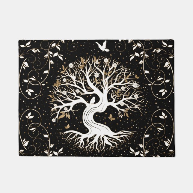 Tree of Life - Yggdrasil - black white and gold Doormat (Front)