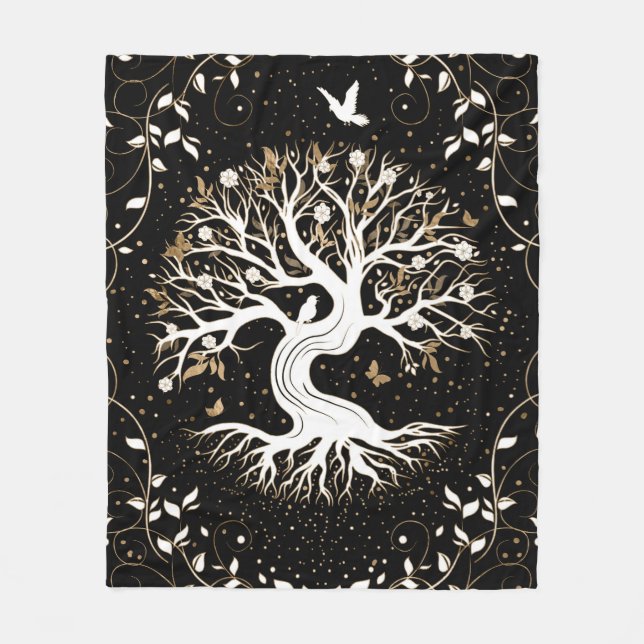 Tree of Life - Yggdrasil - black white and gold Fleece Blanket (Front)
