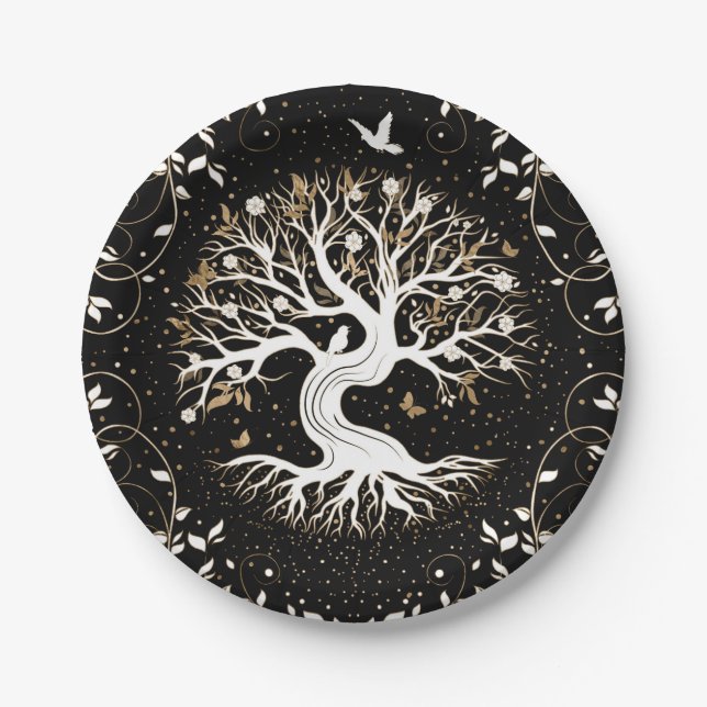 Tree of Life - Yggdrasil - black white and gold Paper Plate (Front)