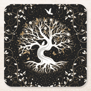 Tree of Life - Yggdrasil - black white and gold Square Paper Coaster