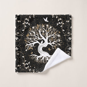 Tree of Life - Yggdrasil - black white and gold Wash Cloth