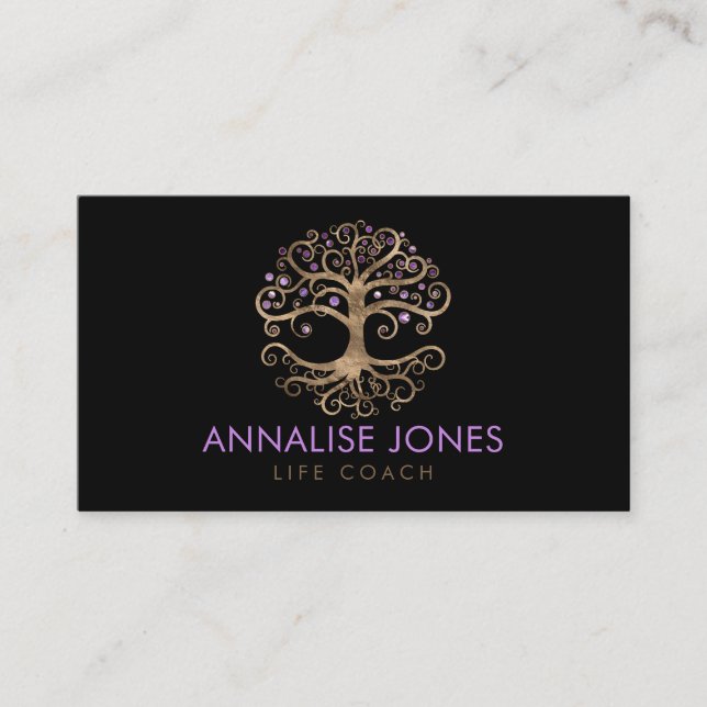 Tree of life - Yggdrasil - Gold and Amethyst Business Card (Front)