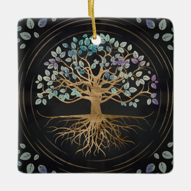 Tree of life - Yggdrasil - Gold & Painted Texture Ceramic Ornament (Front)