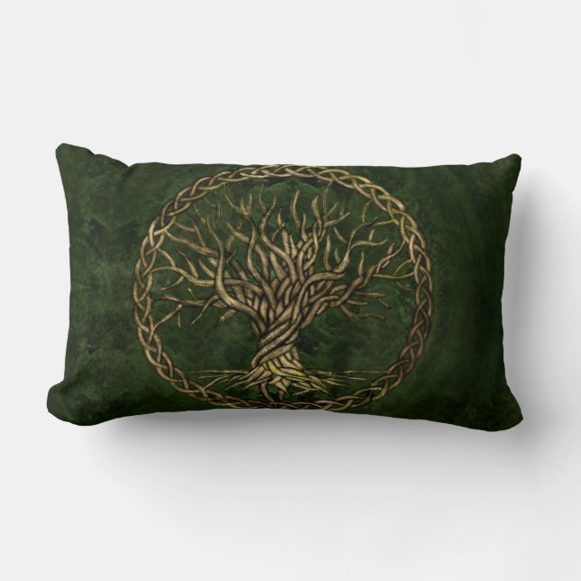 Tree of life -Yggdrasil -green and gold Lumbar Cushion (Front)