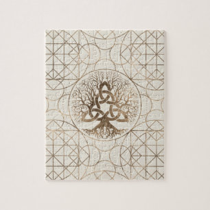 Tree of life -Yggdrasil with Triquetra Pastel gold Jigsaw Puzzle