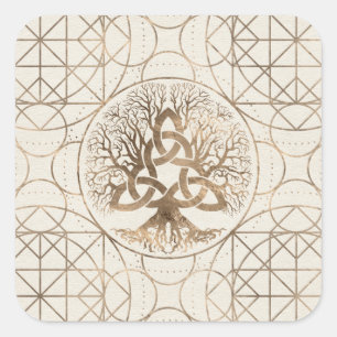 Tree of life -Yggdrasil with Triquetra Pastel gold Square Sticker