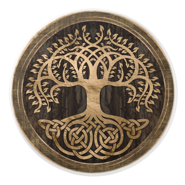 Tree of life -Yggdrasil - Wood Bark and Gold Ceramic Knob (Front)