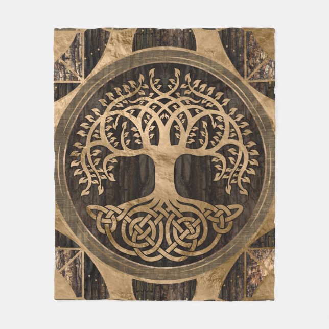 Tree of life -Yggdrasil - Wood Bark and Gold Fleece Blanket (Front)