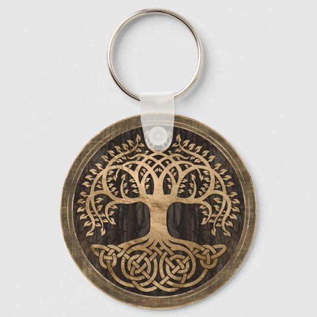 Tree of life -Yggdrasil - Wood Bark and Gold Key Ring (Front)
