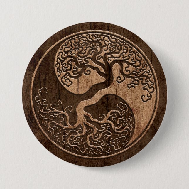Tree of Life Yin Yang with Wood Grain Effect 7.5 Cm Round Badge (Front)
