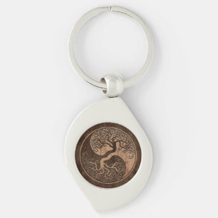 Tree of Life Yin Yang with Wood Grain Effect Key Ring