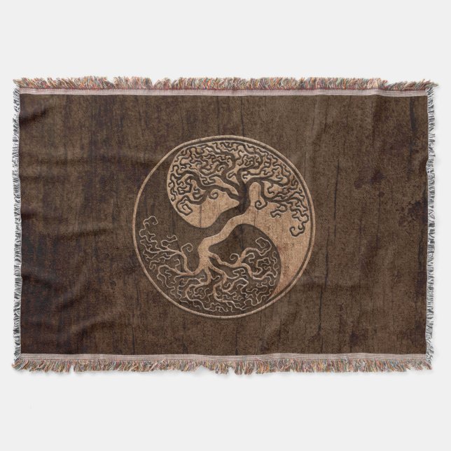 Tree of Life Yin Yang with Wood Grain Effect Throw Blanket (Front)