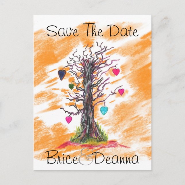 Tree of Love Orange Save The Date Announcement Postcard (Front)