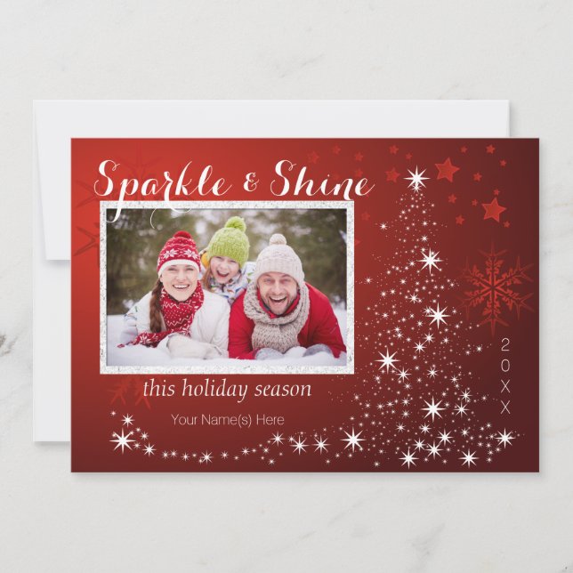 Tree of White Lights with Four Photos Holiday Card (Front)