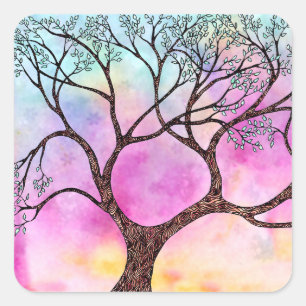 Tree on Vellum with Watercolor Background Square Sticker