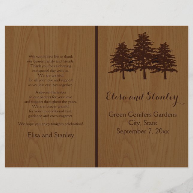 Tree on wood brown woodland wedding program (Front)