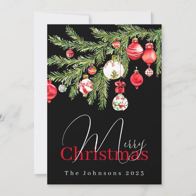 Tree ornaments with Name and year Holiday Card (Front)