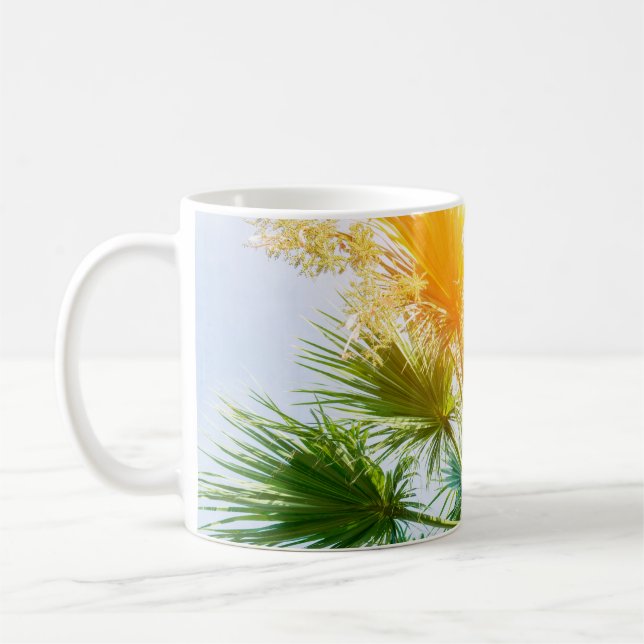 Tree palm bright sun summer background. tropical p coffee mug (Left)