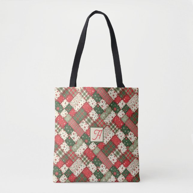 Tree pattern christmas  patchwork green red name tote bag (Front)
