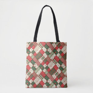 Tree pattern christmas patchwork green red tote bag