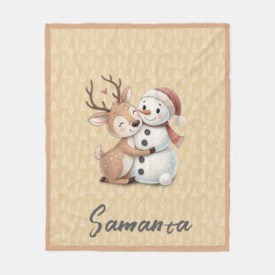 Tree pattern reindeer snowman orange beige name fleece blanket