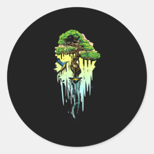 Tree Peace Bonsai Tree Knife Root & Humming-Bird Classic Round Sticker