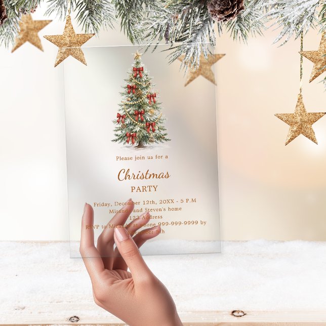 Tree red bows clear luxury Christmas Party Acrylic Invitations (Creator Uploaded)