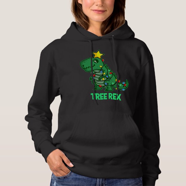 Tree Rex Funny Cute Retro Christmas Dino Hoodie (Front)