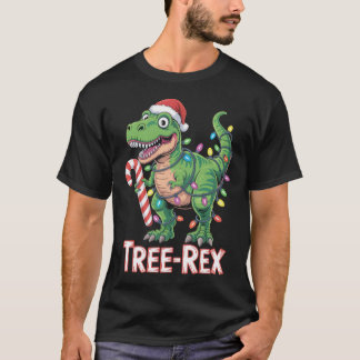 Tree-Rex – T-Rex with Candy Cane & Lights T-Shirt