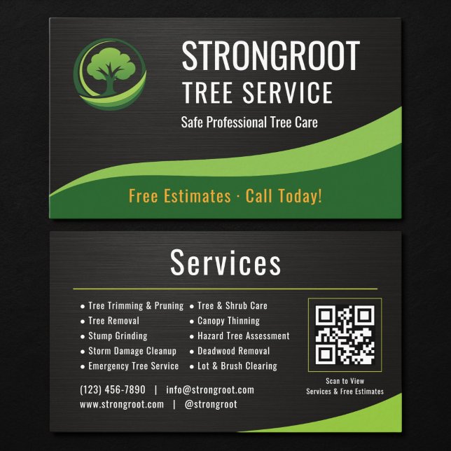 Tree Service Arborist QR Code Metallic Business Card (Creator Uploaded)