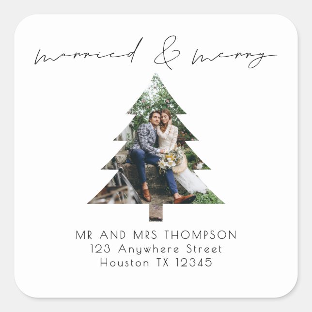 Tree Shape Photo Married Merry Return Address  Square Sticker (Front)