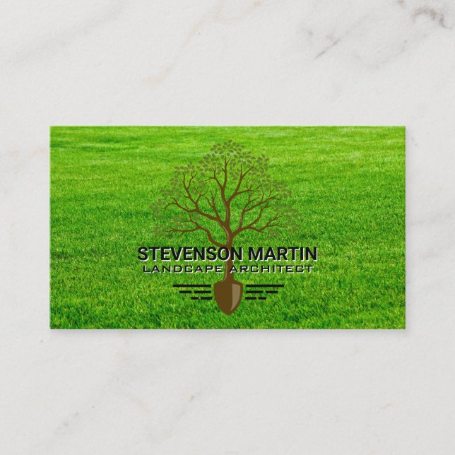 Tree Shovel Logo | Grass Landscaping Business Card (Front)