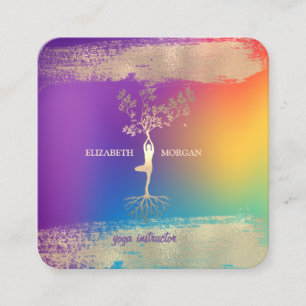 Tree Silhouet Gold Brush Stroke Ombre Holographic Square Business Card