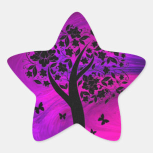 Tree Silhouette and Butterflies Abstract Art Star Sticker