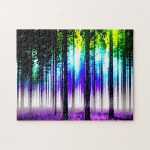 Tree Silhouette Lush Forest Purple Flowers Jigsaw Puzzle