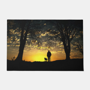 Tree Silhouette of Man and Dog at Sunset Doormat