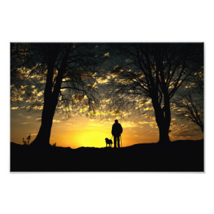Tree Silhouette of Man and Dog at Sunset Photo Print