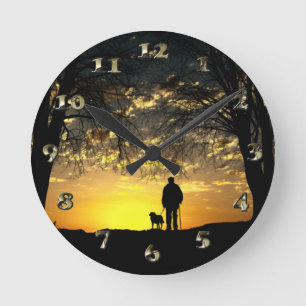 Tree Silhouette of Man and Dog at Sunset Round Clock