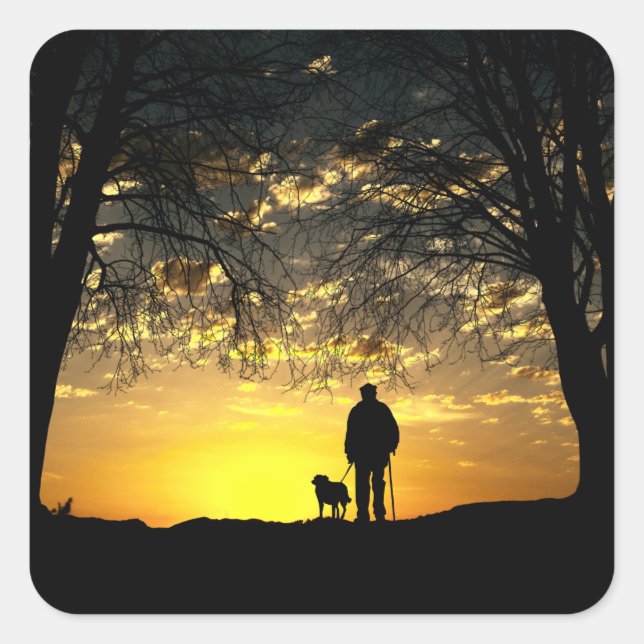 Tree Silhouette of Man and Dog at Sunset Square Sticker (Front)